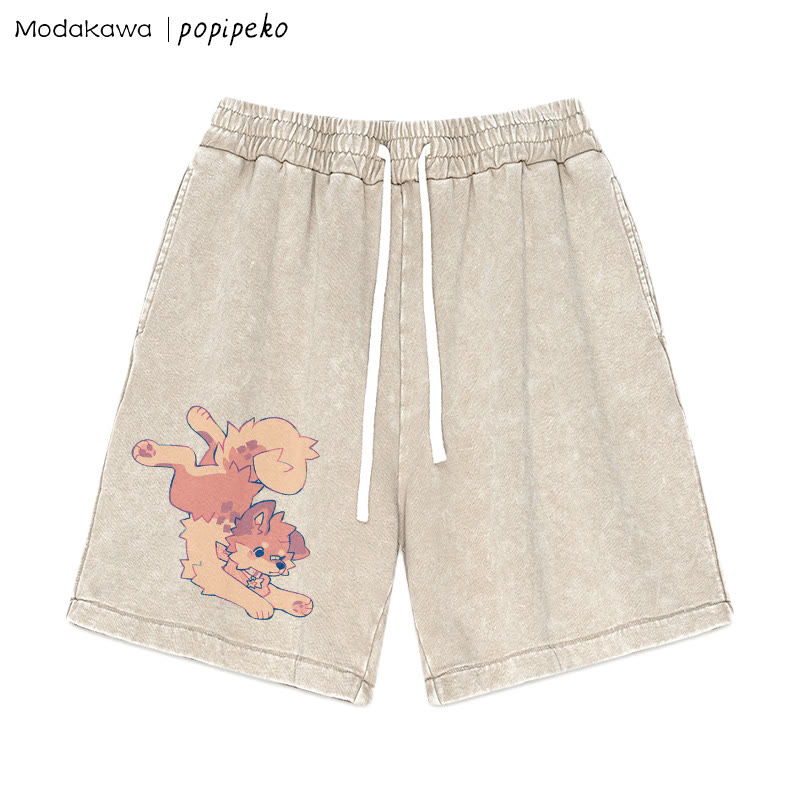 MODAKAWA X popipeko – Shorts im Vintage-Waschungsdesign mit Welpen-Print - Apricot - 3XL - image 3