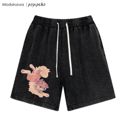 MODAKAWA X popipeko – Shorts im Vintage-Waschungsdesign mit Welpen-Print - Black - 3XL - image 2