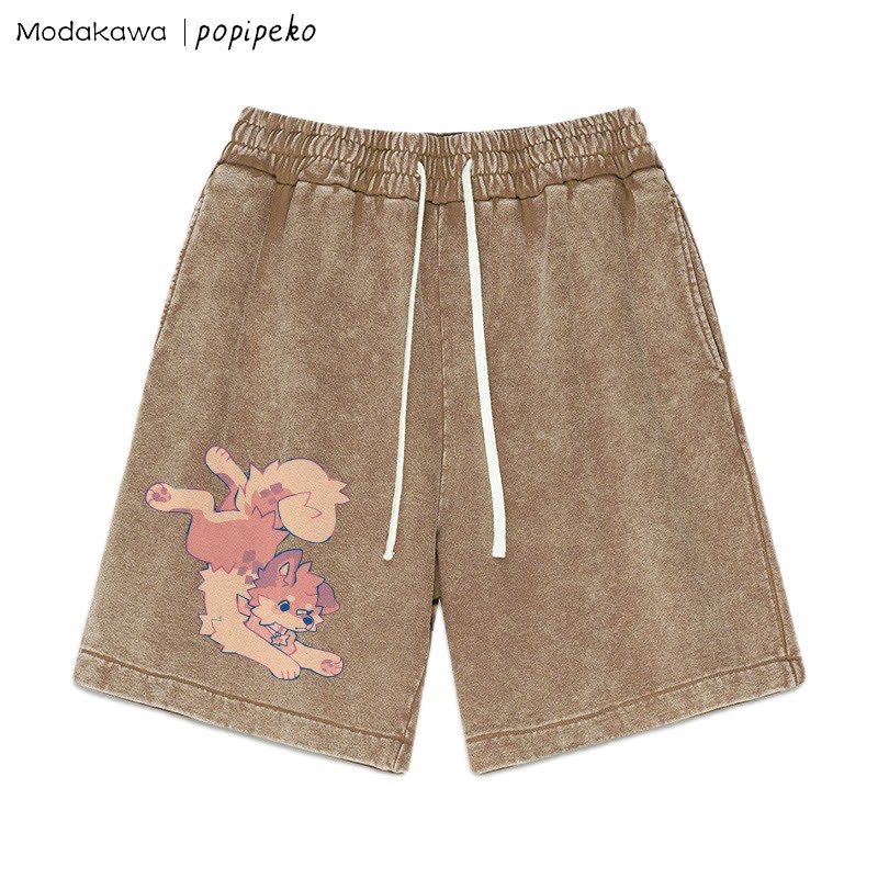 MODAKAWA X popipeko – Shorts im Vintage-Waschungsdesign mit Welpen-Print - Brown - 3XL - image 1