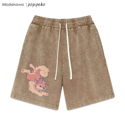 MODAKAWA X popipeko – Shorts im Vintage-Waschungsdesign mit Welpen-Print - Brown - 3XL - image 1