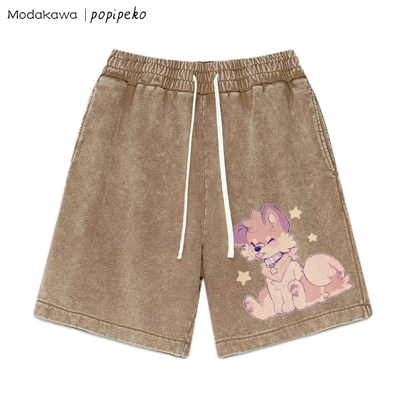 MODAKAWA X popipeko – Shorts im Vintage-Waschungsdesign mit Welpen-Print - Brown - 3XL - image 3