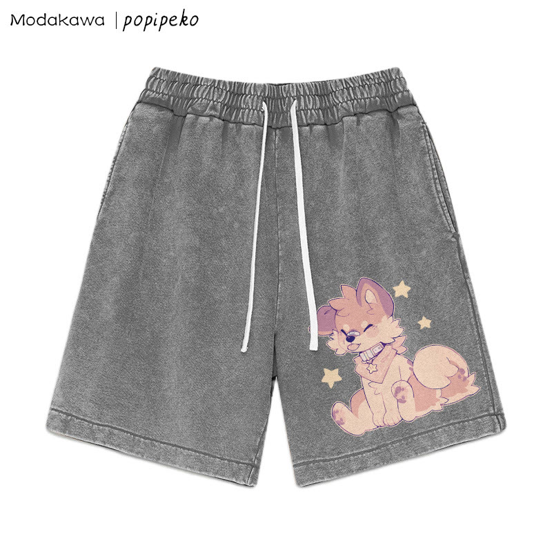 MODAKAWA X popipeko – Shorts im Vintage-Waschungsdesign mit Welpen-Print - Grey - 3XL - image 2