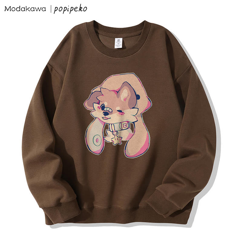 MODAKAWA X popipeko Sweatshirt mit Welpenprint und Rundhalsausschnitt - Brown - 5XL - image 2