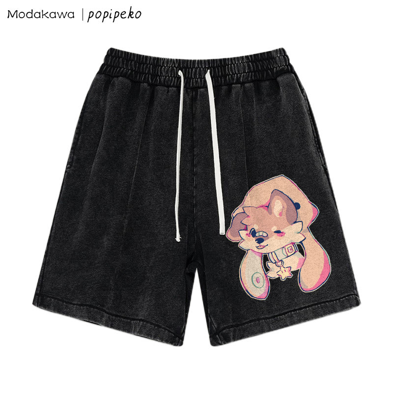 MODAKAWA X popipeko – Shorts im Vintage-Waschdesign mit Welpen-Print - Black - 3XL - image 1