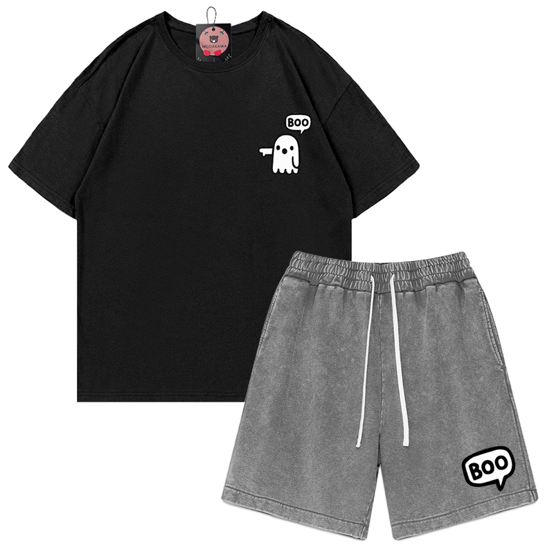 Zweiteiliges Set mit T-Shirt und Vintage-Waschung im Ghost-Print - Schwarz&Grau - 3XL - image 3