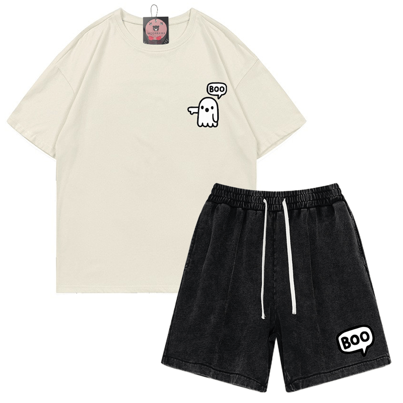 Zweiteiliges Set mit T-Shirt und Vintage-Waschung im Ghost-Print - Aprikose&Schwarz - 3XL - image 6