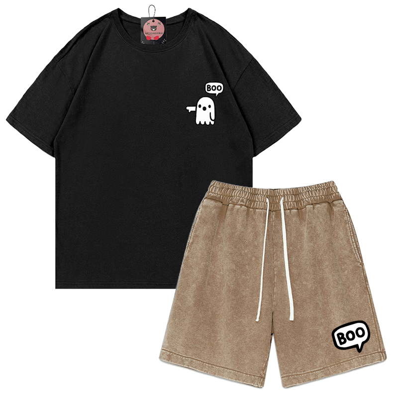 Zweiteiliges Set mit T-Shirt und Vintage-Waschung im Ghost-Print - Schwarz&Braun - 3XL - image 2