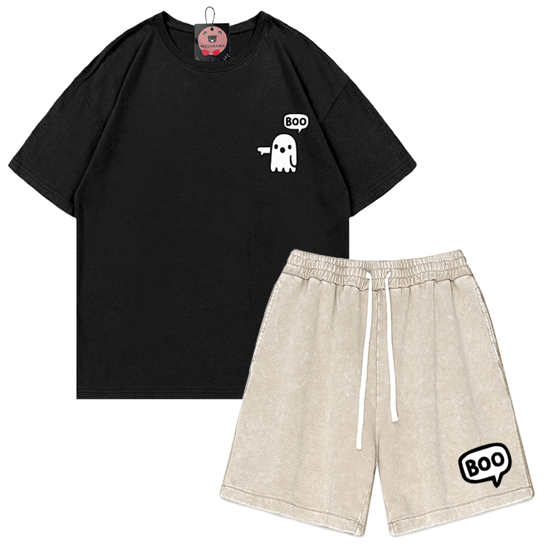 Zweiteiliges Set mit T-Shirt und Vintage-Waschung im Ghost-Print - Schwarz&Aprikose - 3XL - image 1