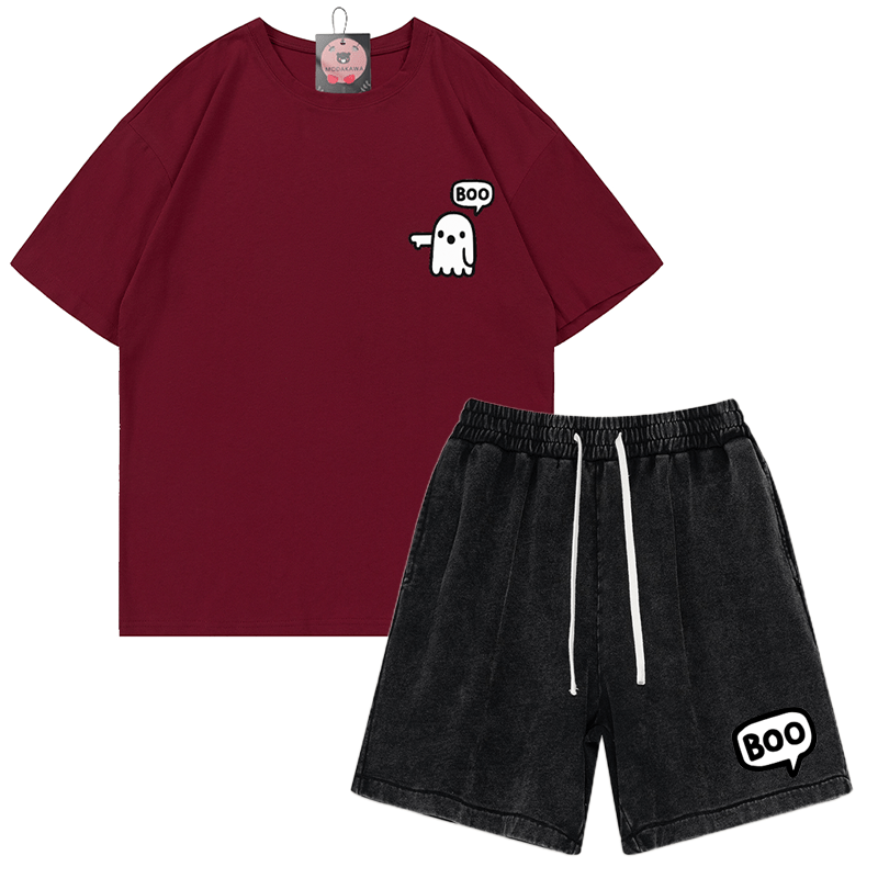 Zweiteiliges Set mit T-Shirt und Vintage-Waschung im Ghost-Print - Rot&Schwarz - 3XL - image 10