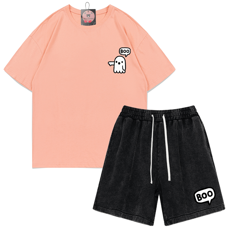 Zweiteiliges Set mit T-Shirt und Vintage-Waschung im Ghost-Print - Pfirsich&Schwarz - 3XL - image 9