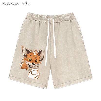 MODAKAWA X atka – Shorts mit Vintage-Waschung und Fuchs-Print - Apricot - 3XL - image 3
