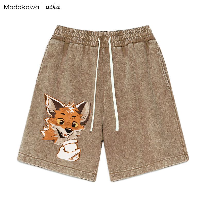 MODAKAWA X atka – Shorts mit Vintage-Waschung und Fuchs-Print - Brown - 3XL - image 1