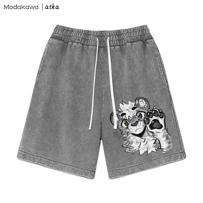 MODAKAWA X atka – Shorts mit Tigerpfoten-Wellengrafik und verwaschenem Vintage-Look - Grey - 3XL - image 2
