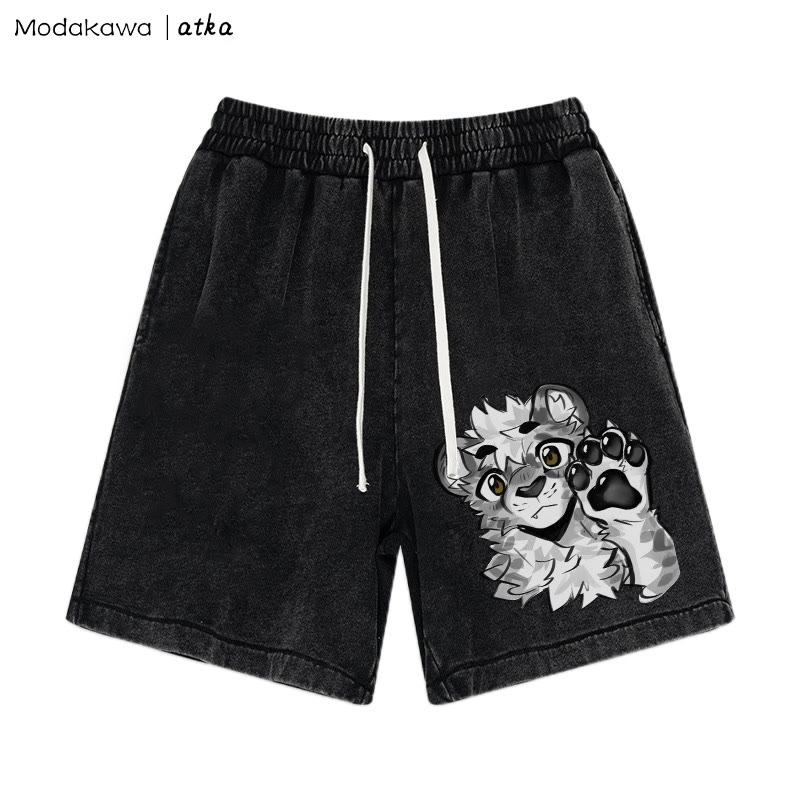 MODAKAWA X atka – Shorts mit Tigerpfoten-Wellengrafik und verwaschenem Vintage-Look - Black - 3XL - image 1