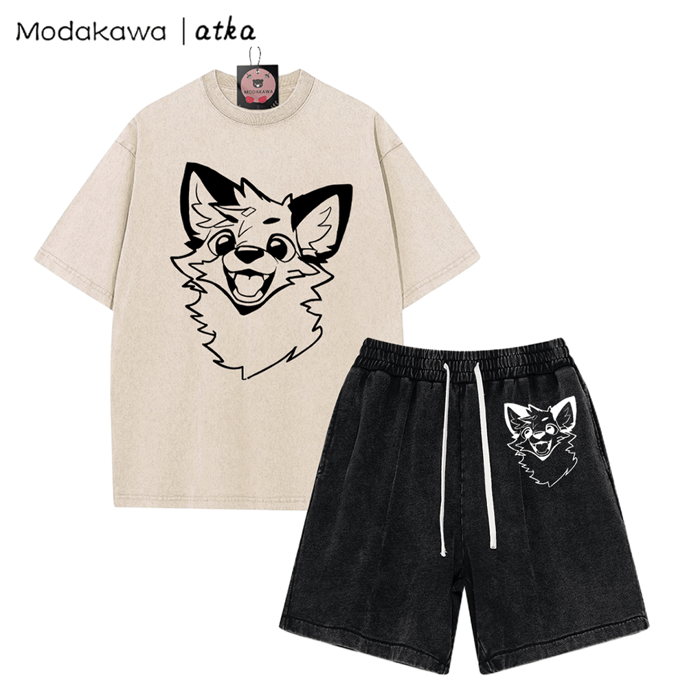 MODAKAWA X atka Fox T-Shirt Vintage Washed Shorts Zweiteiliges Set - Apricot&Black - 3XL - image 3