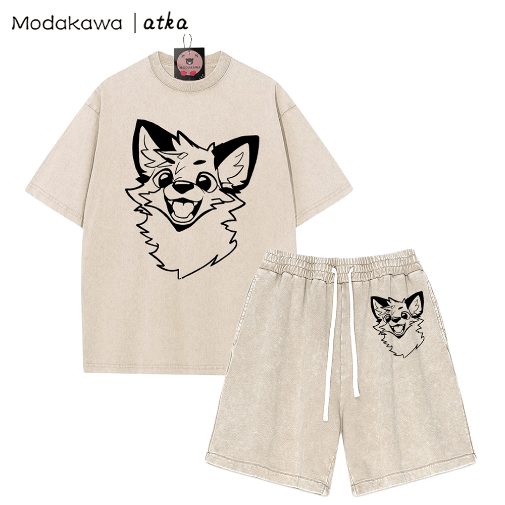 MODAKAWA X atka Fox T-Shirt Vintage Washed Shorts Zweiteiliges Set - Apricot - 3XL - image 4