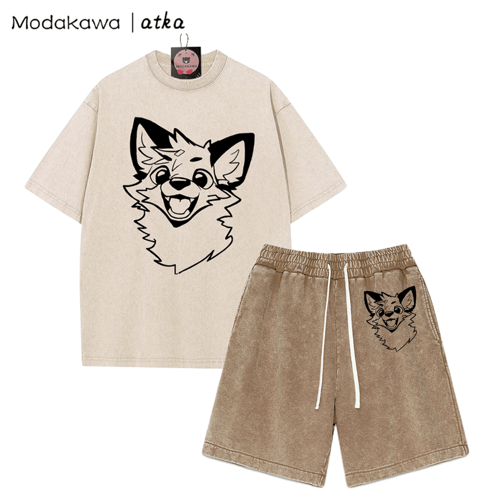MODAKAWA X atka Fox T-Shirt Vintage Washed Shorts Zweiteiliges Set - Apricot&Brown - 3XL - image 1