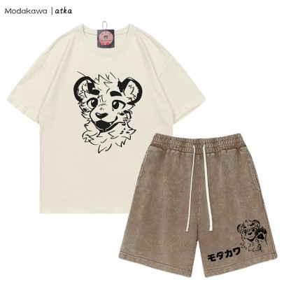 MODAKAWA X atka T-Shirt mit Tiger-Print, Vintage-Shorts, zweiteiliges Set - Beige&Brown - 3XL - image 1