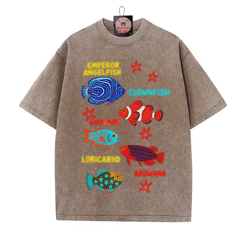 T-Shirt im Vintage-Waschungsdesign mit Fisch- und Stern-Print - Braun - 5XL - image 1