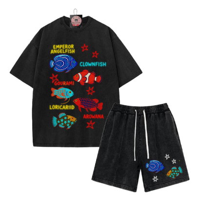 T-Shirt mit Fisch- und Stern-Print und verwaschenen Shorts im Vintage-Stil, zweiteiliges Set - Black - 3XL - image 7