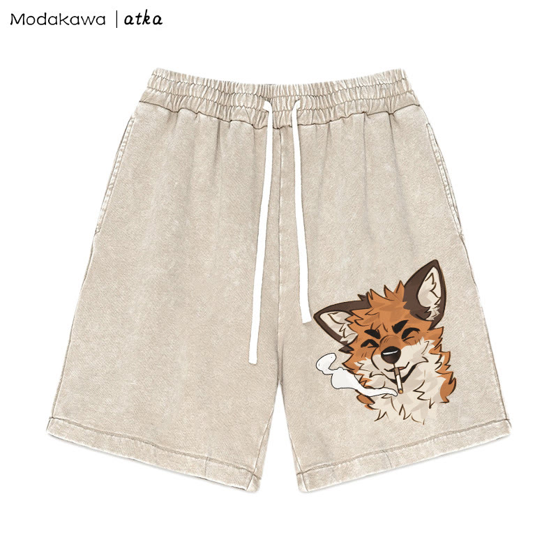 MODAKAWA X atka Fox Smoking Graphic Vintage Washed Shorts - Aprikose - 3XL - image 2