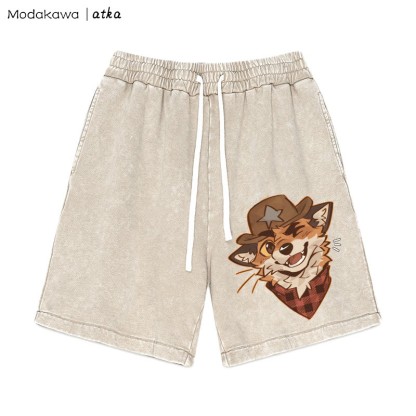 MODAKAWA X atka Cowboy Fox Winking Graphic Vintage Washed Shorts - Aprikose - 3XL - image 3