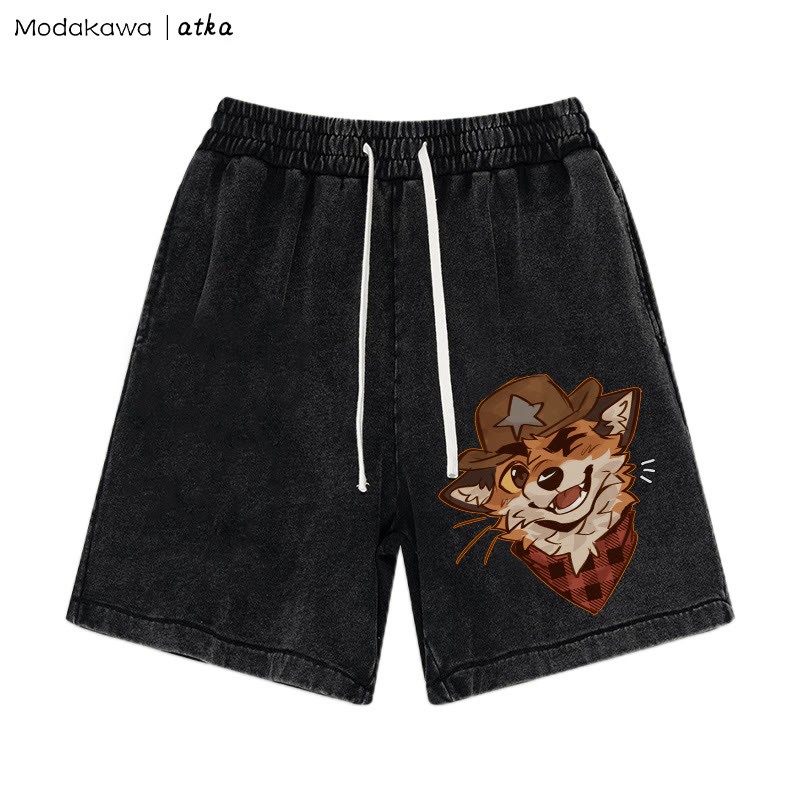 MODAKAWA X atka Cowboy Fox Winking Graphic Vintage Washed Shorts - Schwarz - 3XL - image 2