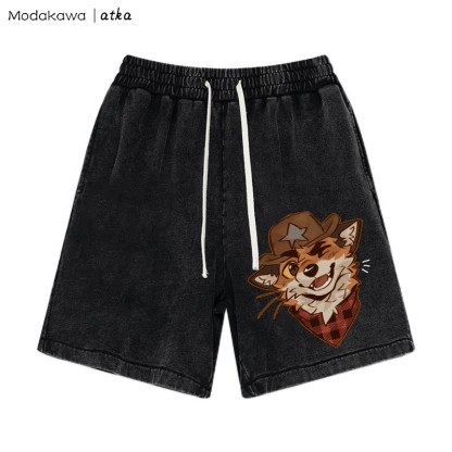 MODAKAWA X atka Cowboy Fox Winking Graphic Vintage Washed Shorts - Schwarz - 3XL - image 2