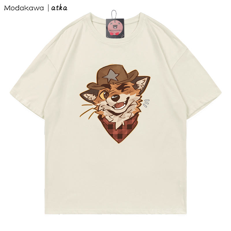 MODAKAWA X atka Cowboy Fox Winking Graphic T-Shirt  - Beige - 5XL - image 1