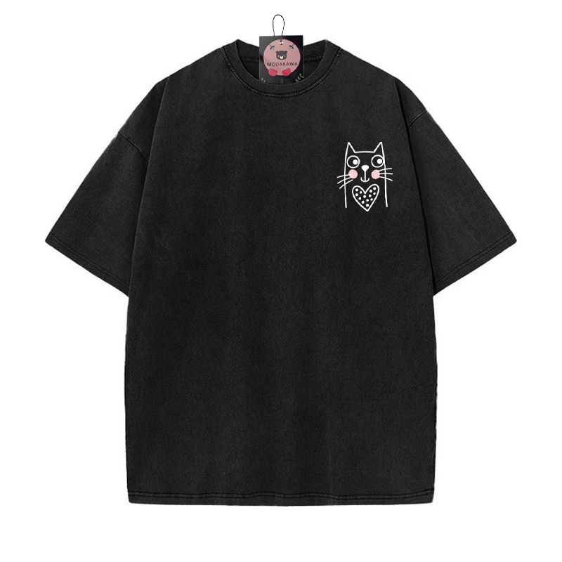 T-Shirt im Vintage-Waschungsdesign mit Kätzchen-Print - Schwarz - 5XL - image 5