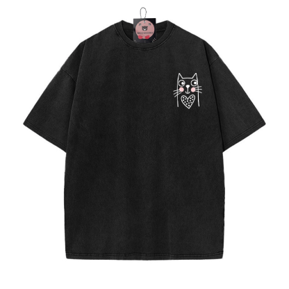 T-Shirt im Vintage-Waschungsdesign mit Kätzchen-Print - Schwarz - 5XL - image 5