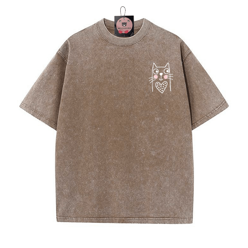 T-Shirt im Vintage-Waschungsdesign mit Kätzchen-Print - Braun - 5XL - image 2