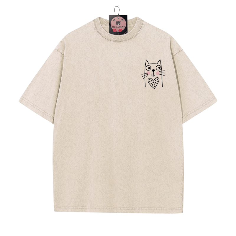 T-Shirt im Vintage-Waschungsdesign mit Kätzchen-Print - Aprikose - 5XL - image 1