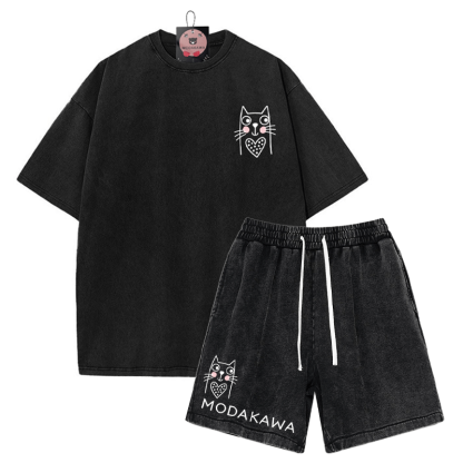 T-Shirt mit Kitty-Print, verwaschene Vintage-Shorts, zweiteiliges Set von MODAKAWA - Black - 3XL - image 10