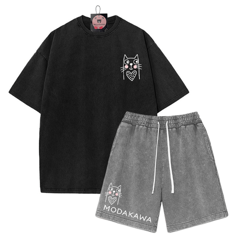 T-Shirt mit Kitty-Print, verwaschene Vintage-Shorts, zweiteiliges Set von MODAKAWA - Black&Grey - 3XL - image 9