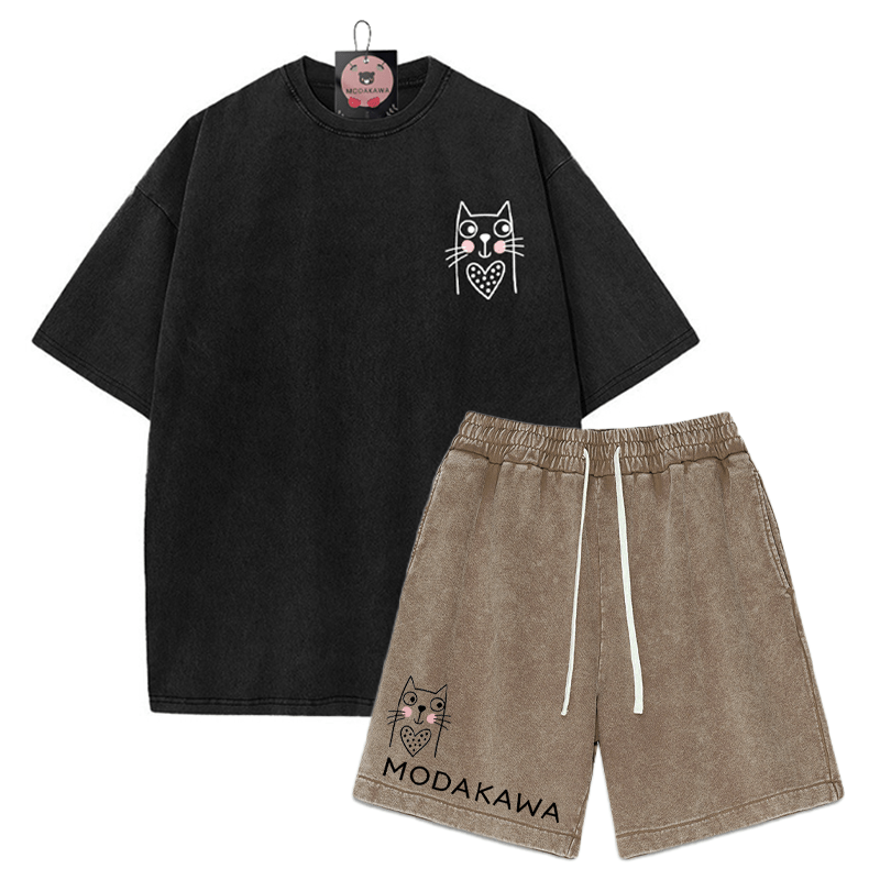 T-Shirt mit Kitty-Print, verwaschene Vintage-Shorts, zweiteiliges Set von MODAKAWA - Black&Brown - 3XL - image 8