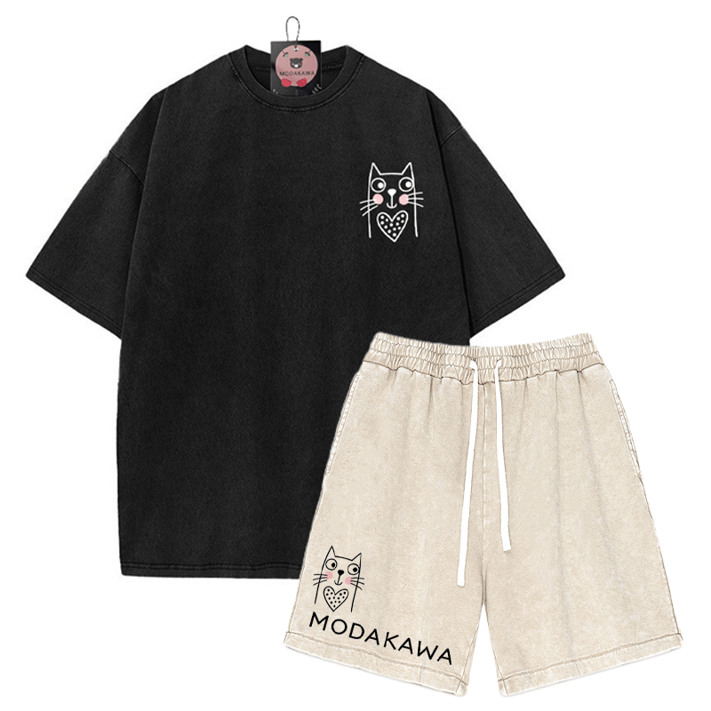 T-Shirt mit Kitty-Print, verwaschene Vintage-Shorts, zweiteiliges Set von MODAKAWA - Black&Apricot - 3XL - image 7