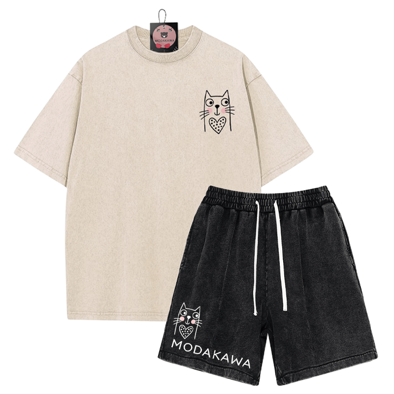 T-Shirt mit Kitty-Print, verwaschene Vintage-Shorts, zweiteiliges Set von MODAKAWA - Apricot&Black - 3XL - image 4