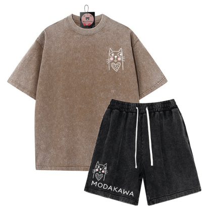 T-Shirt mit Kitty-Print, verwaschene Vintage-Shorts, zweiteiliges Set von MODAKAWA - Brown&Black - 3XL - image 1