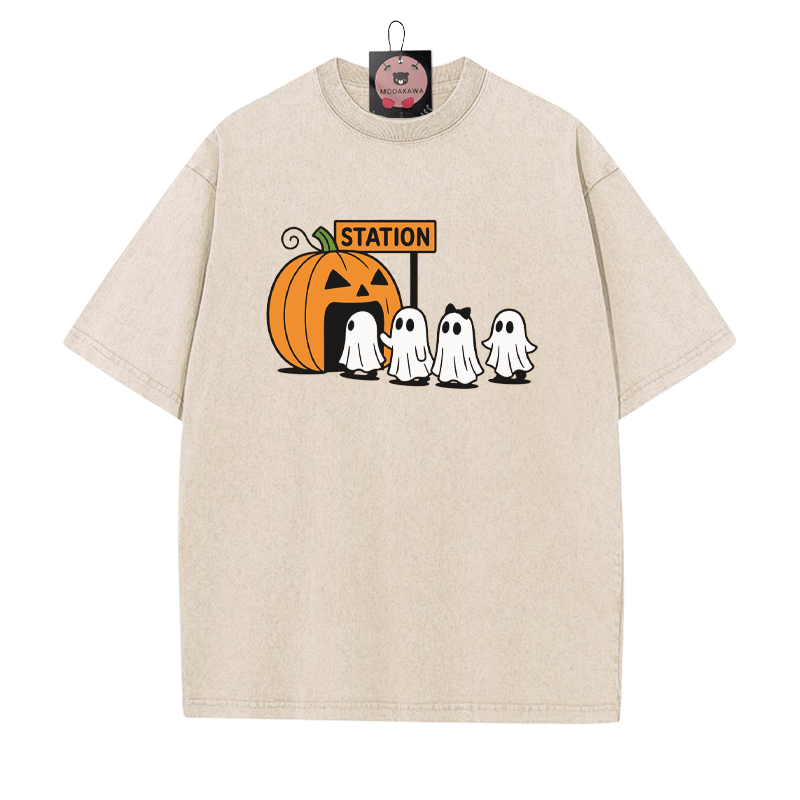 T-Shirt mit Kürbisgeist-Print im Vintage-Waschungs-Look - Aprikose - 5XL - image 2