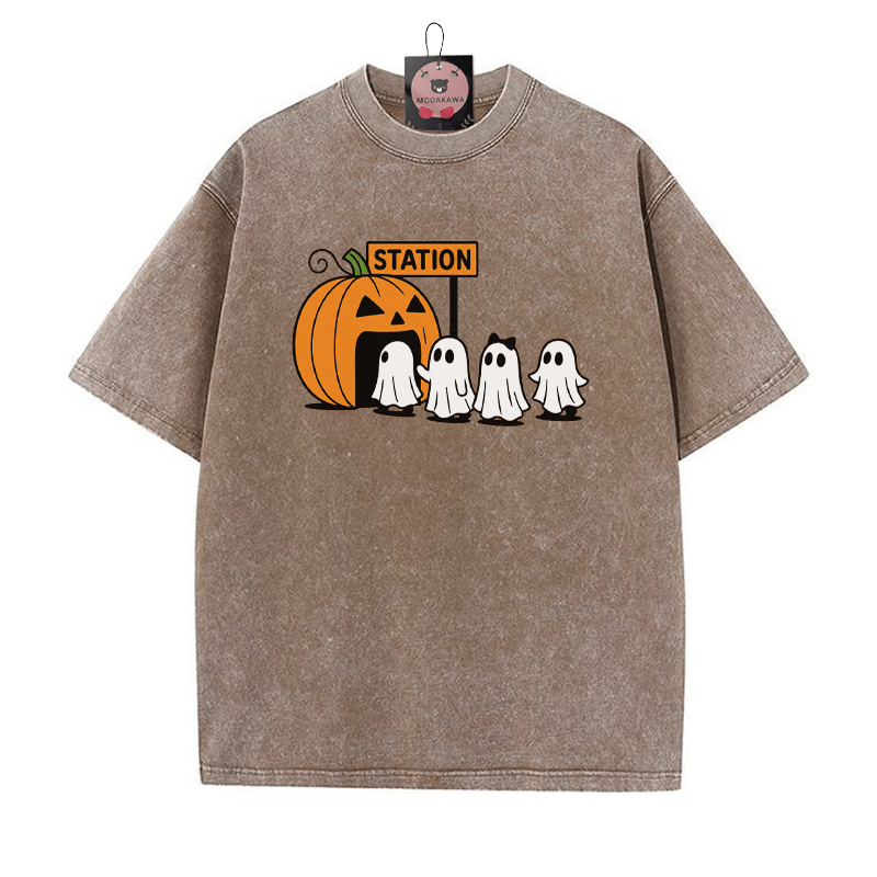T-Shirt mit Kürbisgeist-Print im Vintage-Waschungs-Look - Braun - 5XL - image 1