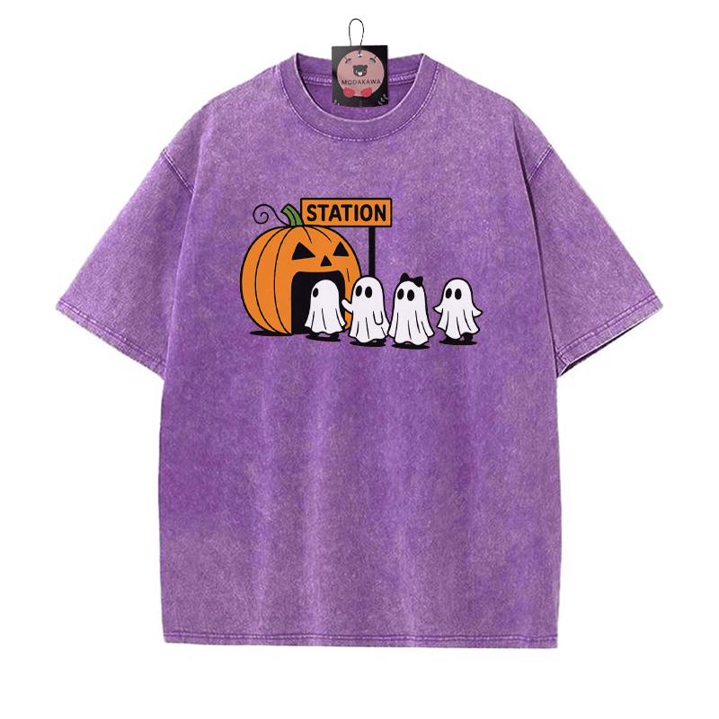 T-Shirt mit Kürbisgeist-Print im Vintage-Waschungs-Look - Lila - 5XL - image 7