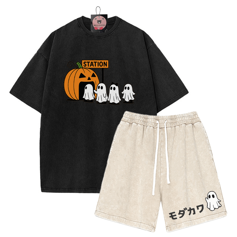 T-Shirt mit Kürbisgeist-Print, verwaschene Vintage-Shorts , MODAKAWA Zweiteiler-Set - Black&Apricot - 3XL - image 2