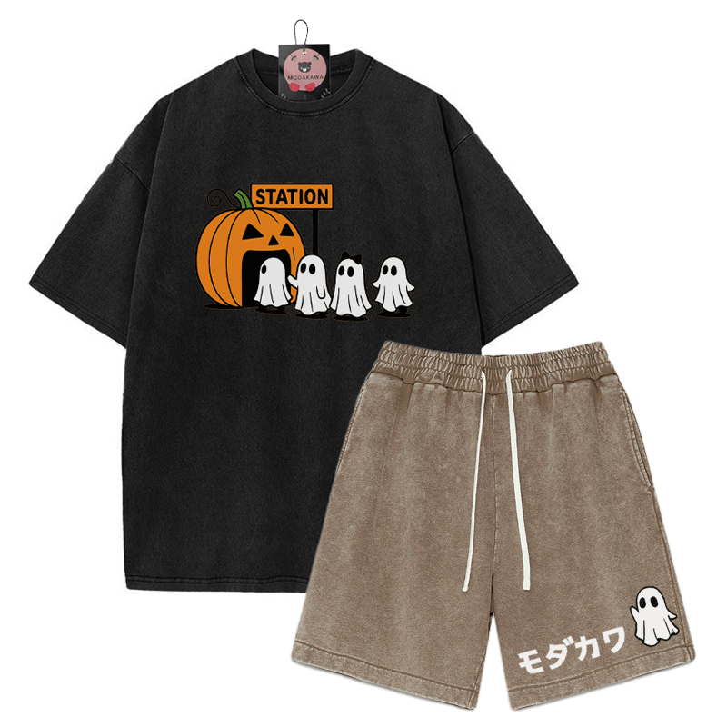 T-Shirt mit Kürbisgeist-Print, verwaschene Vintage-Shorts , MODAKAWA Zweiteiler-Set - Black&Brown - 3XL - image 1