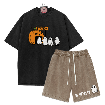 T-Shirt mit Kürbisgeist-Print, verwaschene Vintage-Shorts , MODAKAWA Zweiteiler-Set - Black&Brown - 3XL - image 1