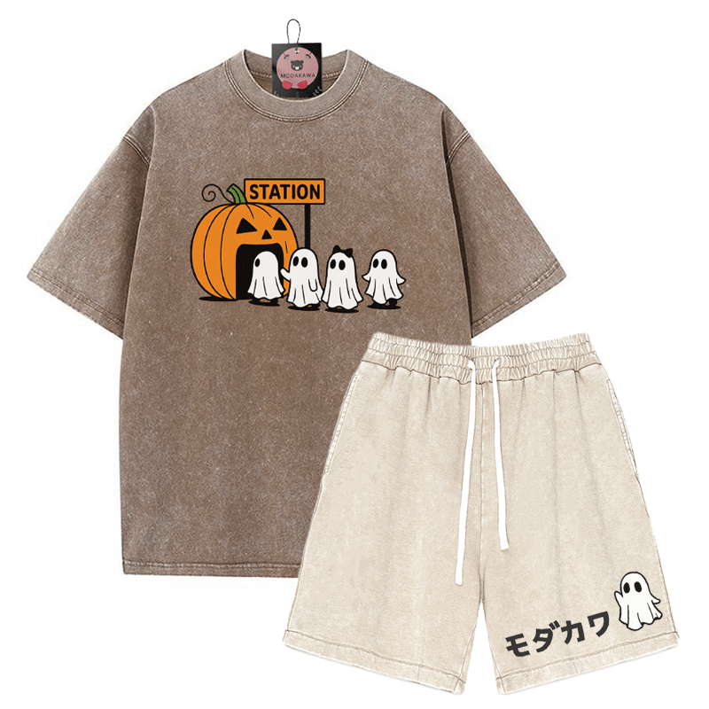 T-Shirt mit Kürbisgeist-Print, verwaschene Vintage-Shorts , MODAKAWA Zweiteiler-Set - Brown&Apricot - 3XL - image 6