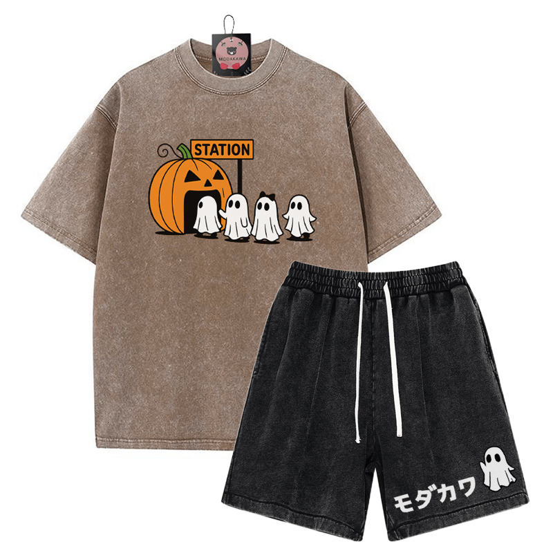 T-Shirt mit Kürbisgeist-Print, verwaschene Vintage-Shorts , MODAKAWA Zweiteiler-Set - Brown&Black - 3XL - image 5