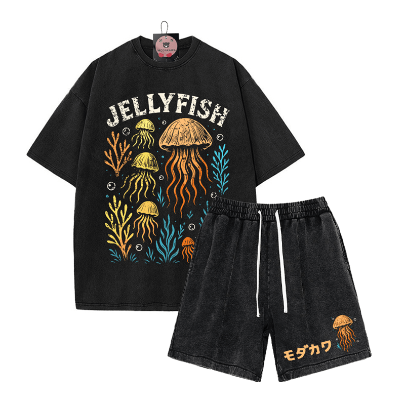 JELLYFISH T-Shirt Vintage Washed Shorts MODAKAWA Zweiteiliges Set - Black - 3XL - image 11