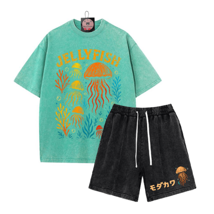 JELLYFISH T-Shirt Vintage Washed Shorts MODAKAWA Zweiteiliges Set - Green&Black - 3XL - image 2
