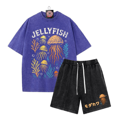 JELLYFISH T-Shirt Vintage Washed Shorts MODAKAWA Zweiteiliges Set - Blue&Black - 3XL - image 1